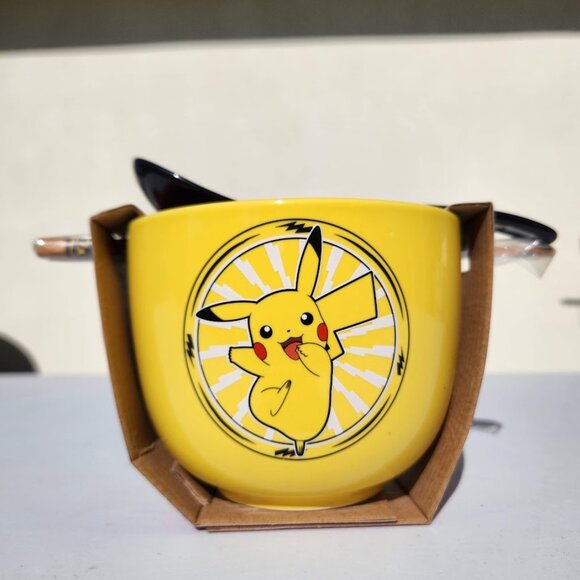 NEW Pokemon Pikachu Ceramic Ramen Bowl Chopsticks and Spoon Microwave Safe 20 oz - Picture 9 of 14